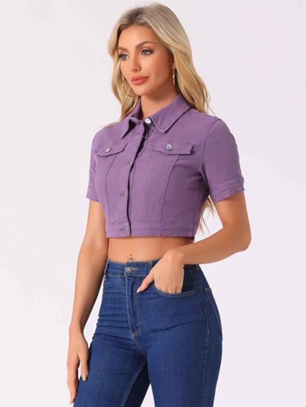 New Allegra K Lilac Short Sleeves Crop Jean Denim Jacket
